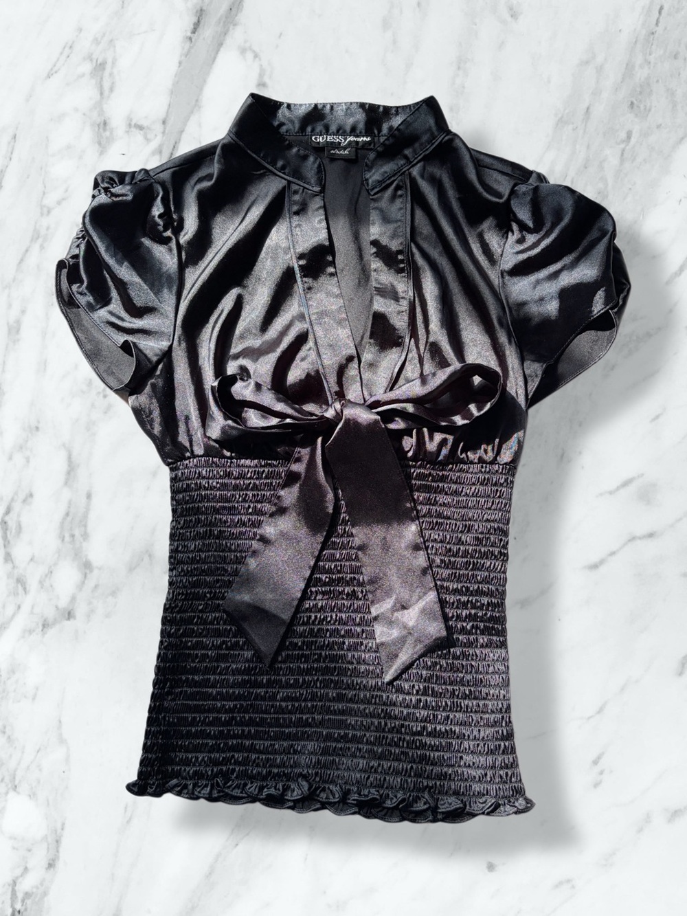 GUESS Black Satin Tie-Front Short Sleeve Top
